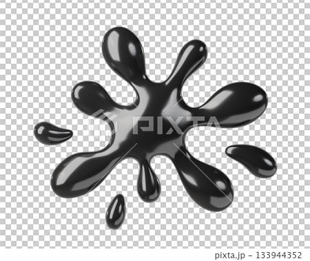 Glossy 3d Black reflective chrome liquid shapes, Ink Splash, fluid elements, splashing blob. Dynamic amorphous elements. 3d Render melting metal steel liquid molds.  133944352