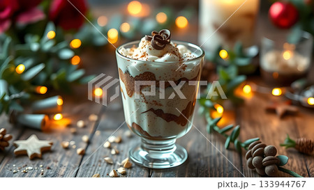 A festive layered dessert in a glass, topped with chocolate curls, sits amidst holiday decorations and warm glowing lights 133944767
