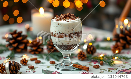 A festive dessert in a glass with cream and chocolate shavings, amidst pinecones, cinnamon, and warm lights 133944768