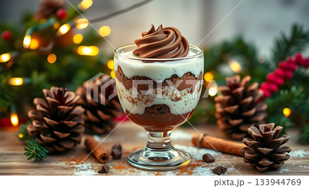 A festive layered dessert in a glass, topped with a chocolate swirl, amidst pinecones, cinnamon sticks, and lights 133944769