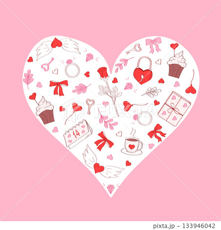 Love elements set. Valentine's day hand drawn decorative elements. Cartoon doodle icons. Vector flat illustration. 133946042