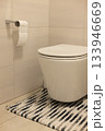 Interior of restroom with toilet bowl and carpet, tiled walls and floor. 133946669
