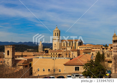 Panoramic view of Girona viewed from the medieval city walls, Catalonia, Spain 133947053