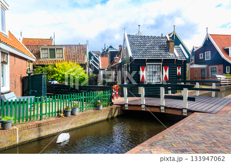 White swan swimming in little canal and historic houses in the center of Volendam, Netherlands White swan swimming in little canal and historic houses in the center of Volendam, Netherlands 133947062