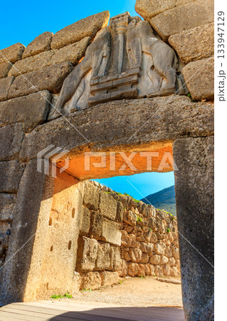 Lion's gate, the main entrance of the citadel of Mycenae. Archaeological site of Mycenae in Peloponnese, Greece 133947129