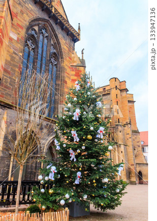 Christmas tree decorated with teddy bears and baubles in Colmar, Alsace, France 133947136