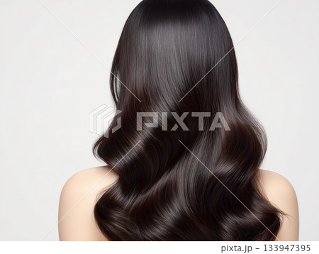 艶やかな黒髪の後ろ姿を捉えた美しい日本人女性のヘアケアイメージ写真 133947395