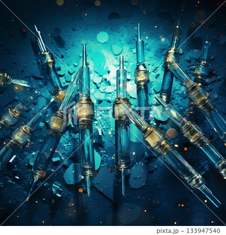 Vintage Glass Syringes on Blue Background Medical History and Pharmaceutical Research Concept 133947540