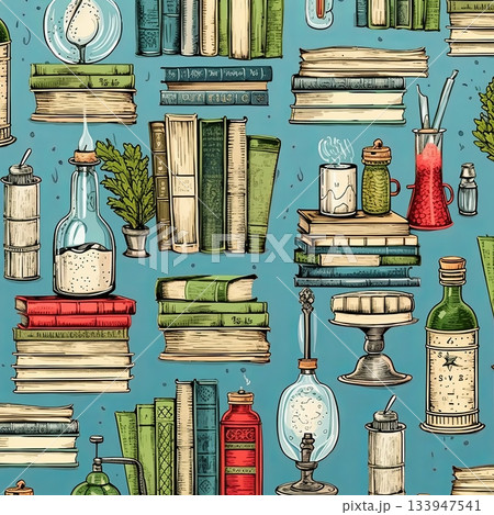 Vintage Books and Alchemical Supplies Pattern on Blue, Ideal for Educational Designs 133947541