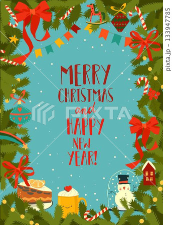 Festive Christmas Card with Fir Branches and...のイラスト素材 [133947785] - PIXTA