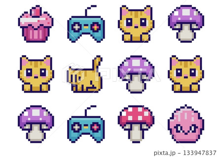 Pixel Icons Set Vector. Cute Cat Mushroom Game Controller Pixel Art Illustration Vector Pixel Icons Set Vector. Cute Cat Mushroom Game Controller Pixel Art Illustration Vector 133947837