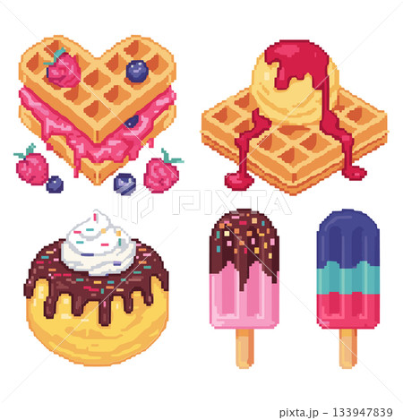 Dessert Pixel Art Set Vector. Waffle Ice Cream Donut Sweet Food Illustration Pack Vector Dessert Pixel Art Set Vector. Waffle Ice Cream Donut Sweet Food Illustration Pack Vector 133947839