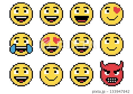 Pixel Emoji Expressions Set Vector. Retro Smiley Faces Illustration Icon Pack Vector 133947842