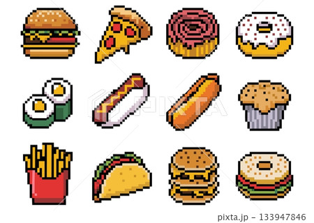 Fast Food Pixel Art Set Vector. Burger Pizza Donut Snack Illustration Pack Vector Fast Food Pixel Art Set Vector. Burger Pizza Donut Snack Illustration Pack Vector 133947846