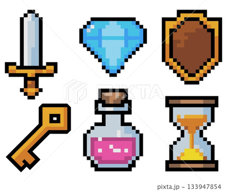 RPG Pixel Icons Vector. Sword Diamond Shield Key Potion Hourglass Pixel Art Set Vector RPG Pixel Icons Vector. Sword Diamond Shield Key Potion Hourglass Pixel Art Set Vector 133947854