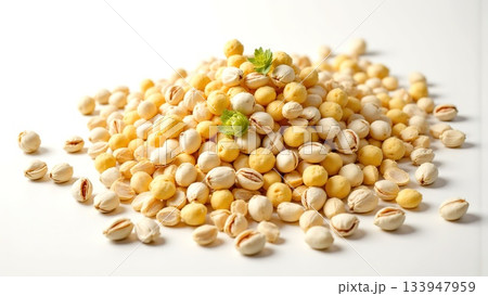 Close-Up View of a Pile of Yellow and White Lentils on White Surface 133947959