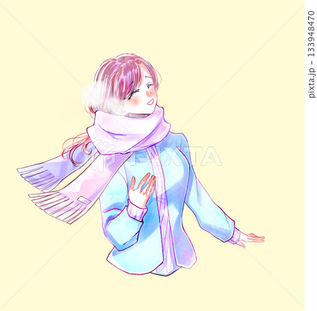 嬉しそうな冬の女性 白い息 嬉しそうな冬の女性 白い息 133948470
