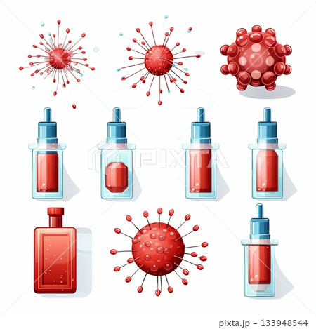 Virus and Vaccine Illustration Scientific Concept with Red Virus and Liquid Bottles 133948544