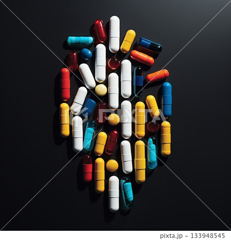 Colorful Pills and Capsules Arranged on Dark Background, Medical Treatment Concept. Studio Shot 133948545