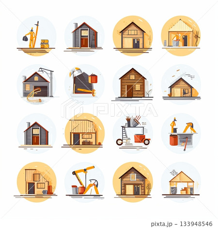 House Construction Stages Icons, Building Process from Start to Finish, Real Estate Project. House Construction Stages Icons, Building Process from Start to Finish, Real Estate Project. 133948546