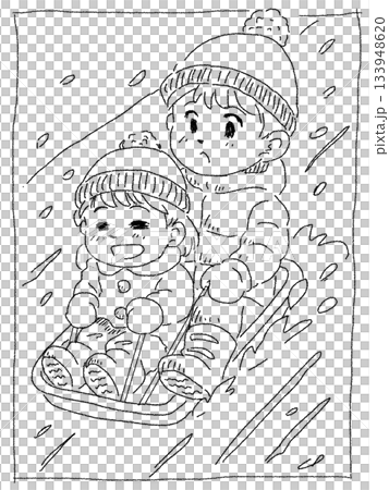 兄妹倆玩雪橇，黑白照片 133948620