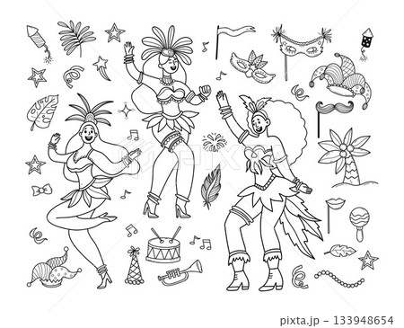 Carnival Women Dancers with Feathers, Masquerade Masks, Musical Instruments and Fireworks. Celebration Festive Party Doodle set. Isolated Outline Hand-drawn scribble. Vector Illustration. Not AI Carnival Women Dancers with Feathers, Masquerade Masks, Musical Instruments and Fireworks. Celebration Festive Party Doodle set. Isolated Outline Hand-drawn scribble. Vector Illustration. Not AI 133948654