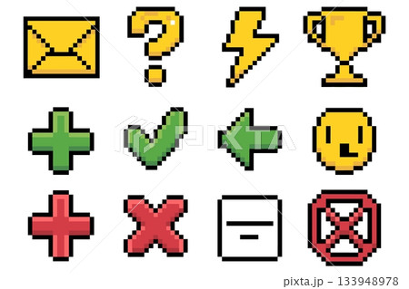Pixel art user interface icon set. Retro game signs and symbols vector Pixel art user interface icon set. Retro game signs and symbols vector 133948978