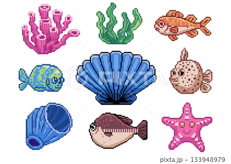 Pixel art sea life collection set. Underwater ocean animals vector 133948979