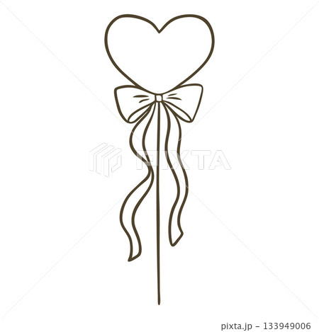Heart balloon on the stick decorated with bow ribbon, vector doodle festive Valentine day, romantic decoration line art Heart balloon on the stick decorated with bow ribbon, vector doodle festive Valentine day, romantic decoration line art 133949006