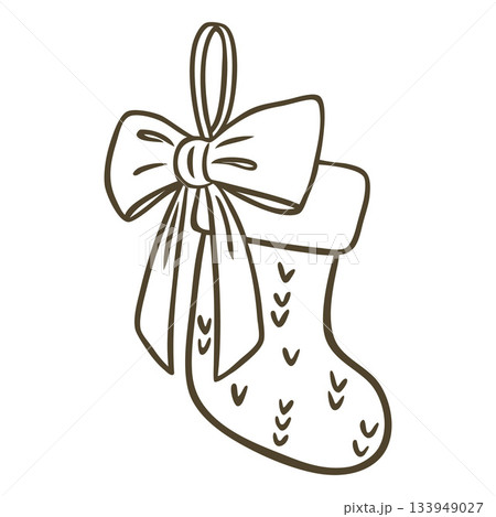 Christmas gift sock decorated with bow vector doodle illustration, Christmas stocking decoration Happy New year line art Christmas gift sock decorated with bow vector doodle illustration, Christmas stocking decoration Happy New year line art 133949027