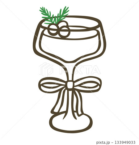 Glass of champagne decorated with bow and fir twigs, Christmas and New year celebration drink, doodle alcohol beverage Glass of champagne decorated with bow and fir twigs, Christmas and New year celebration drink, doodle alcohol beverage 133949033
