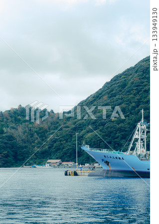 山あいの町に広がる静かな漁港風景。穏やかな水面に並ぶ漁船とローカルな町並み 山あいの町に広がる静かな漁港風景。穏やかな水面に並ぶ漁船とローカルな町並み 133949130