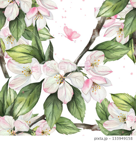 Delicate seamless watercolor pattern with apple blossoms and green leaves. Romantic floral design featuring pink butterfly on white background. Elegant botanical illustration for wallpaper and fabric 133949158