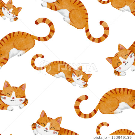 Seamless watercolor pattern with cute sleeping ginger tabby cat. Cartoon pet illustration on clean white background for wallpaper. Cozy and whimsical design perfect for kids nursery decor 133949159