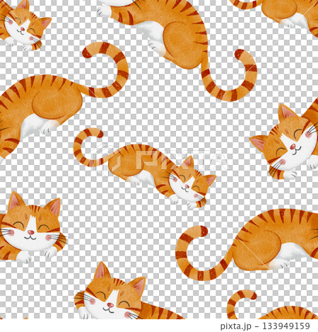 Seamless watercolor pattern with cute sleeping ginger tabby cat. Cartoon pet illustration on clean white background for wallpaper. Cozy and whimsical design perfect for kids nursery decor 133949159