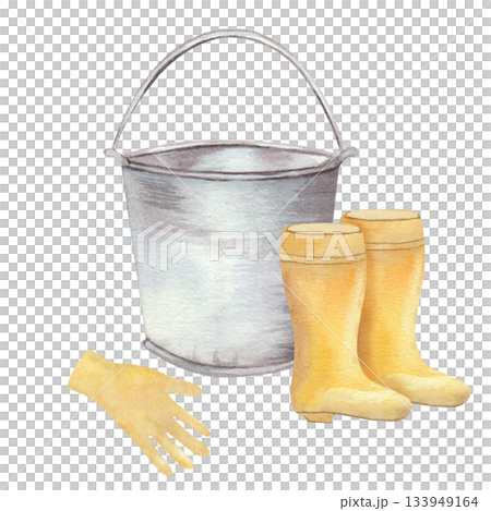Set of watercolor illustrations of gardening tools: metal bucket, yellow rubber boots, and protective gloves, isolated on a white background for gardening and cleaning themes Set of watercolor illustrations of gardening tools: metal bucket, yellow rubber boots, and protective gloves, isolated on a white background for gardening and cleaning themes 133949164
