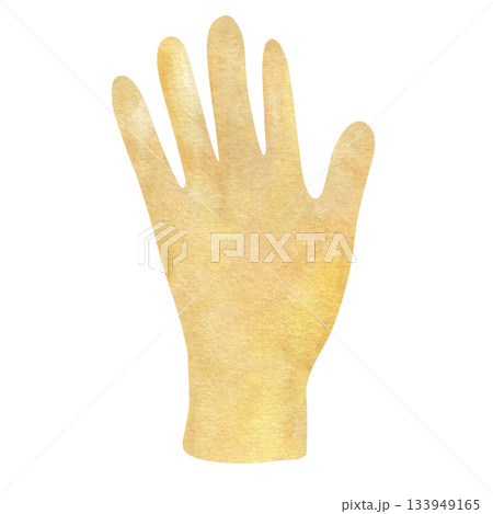Single yellow rubber glove for cleaning and household chores. Bright watercolor illustration isolated on a white background. Functional design for domestic lifestyle themes, gardens. Single yellow rubber glove for cleaning and household chores. Bright watercolor illustration isolated on a white background. Functional design for domestic lifestyle themes, gardens. 133949165