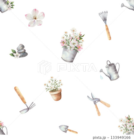 Watercolor seamless pattern with rustic garden tools, blooming flower. Botanical design featuring pot, trowel, and watering can. Hand drawn background for gardening and farmhouse. Isolated on white Watercolor seamless pattern with rustic garden tools, blooming flower. Botanical design featuring pot, trowel, and watering can. Hand drawn background for gardening and farmhouse. Isolated on white 133949166