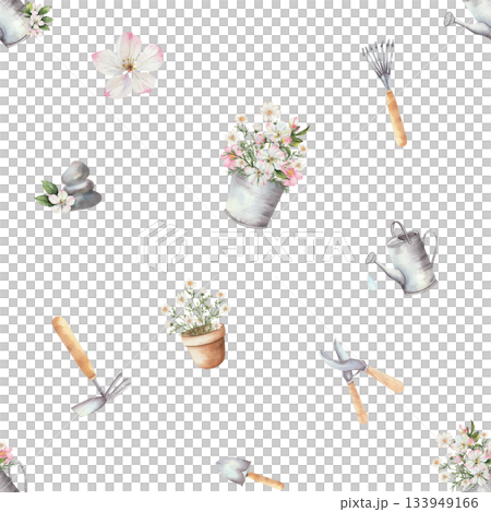 Watercolor seamless pattern with rustic garden tools, blooming flower. Botanical design featuring pot, trowel, and watering can. Hand drawn background for gardening and farmhouse. Isolated on white Watercolor seamless pattern with rustic garden tools, blooming flower. Botanical design featuring pot, trowel, and watering can. Hand drawn background for gardening and farmhouse. Isolated on white 133949166