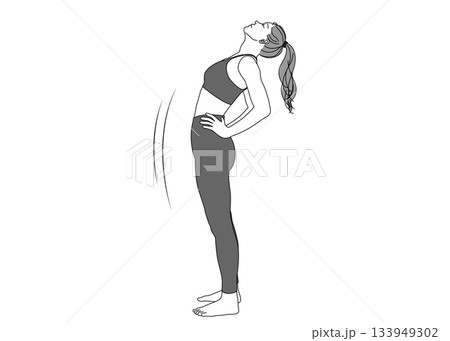 ストレッチ 腰に手を当てて背中を反らす女性のイラスト 全身横向き モノクロ 133949302