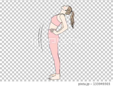 Stretching Illustration of a woman stretching her back with her hands on her hips, whole body sideways 133949303