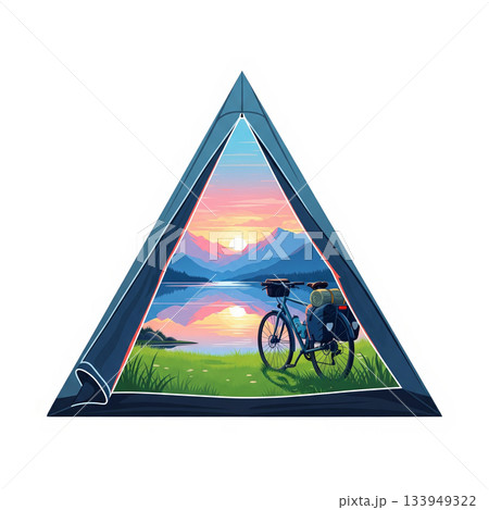 View from tent showing bicycle on grass near lake with mountains and sunset background View from tent showing bicycle on grass near lake with mountains and sunset background 133949322