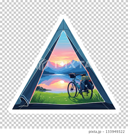 View from tent showing bicycle on grass near lake with mountains and sunset background 133949322