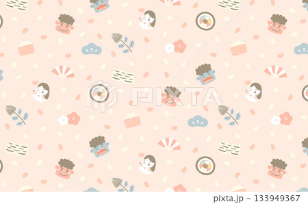 カラフルでポップな節分のかわいい模様、和モダンな柄のシームレス背景素材 133949367