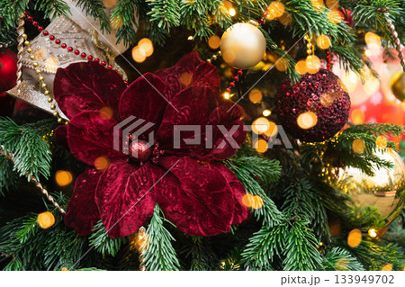 Christmas tree decorated poinsettia flowers and balls with lights garland. Xmas holiday spirit. Winter. Outdoors. 133949702