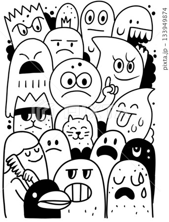 Cartoon doodle faces, black and white, various emotions, playful, expressive, hand drawn 133949874