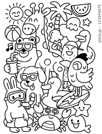 Summer animal cartoon giraffe bear rabbit crab bird beach palm happy playful Summer animal cartoon giraffe bear rabbit crab bird beach palm happy playful 133949879