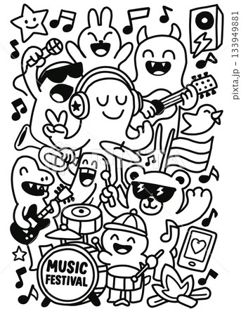 Music festival cartoon, happy characters playing guitar, drums, trumpet, singing, joyful scene Music festival cartoon, happy characters playing guitar, drums, trumpet, singing, joyful scene 133949881