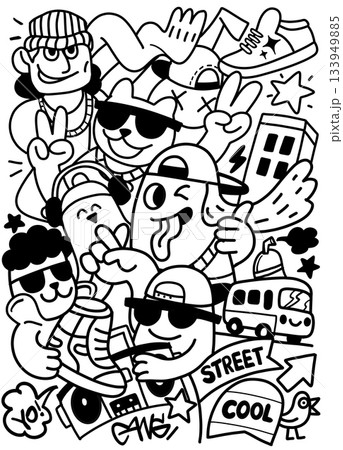 Street style cartoon characters with sunglasses, sneakers, and playful urban elements 133949885