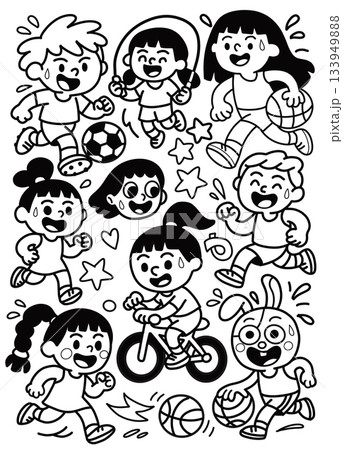 Happy children playing soccer, basketball, skipping rope, riding bicycle, cartoon style 133949888